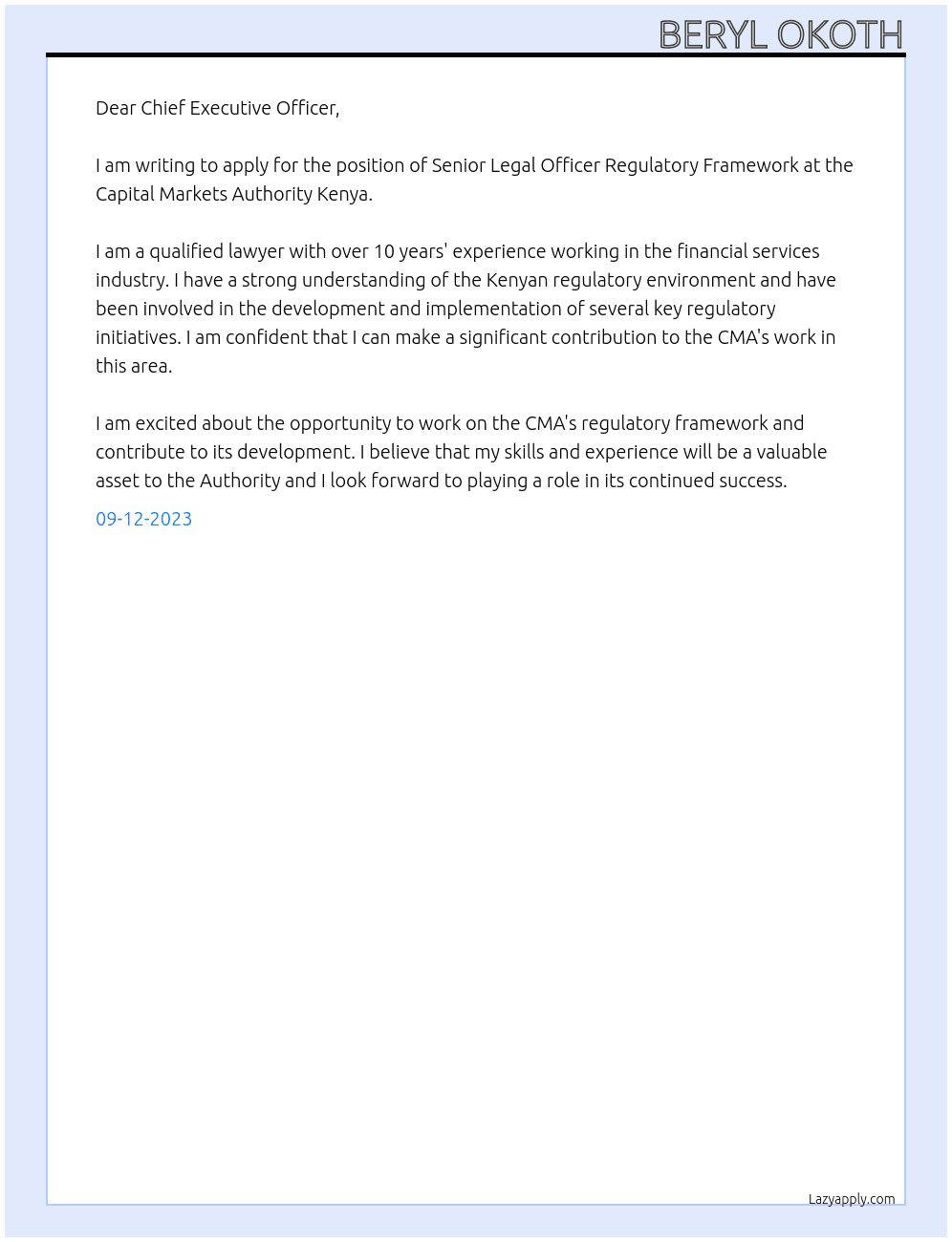 Senior legal officer regulatory framework At Capital Markets Authority Kenya Cover Letter
