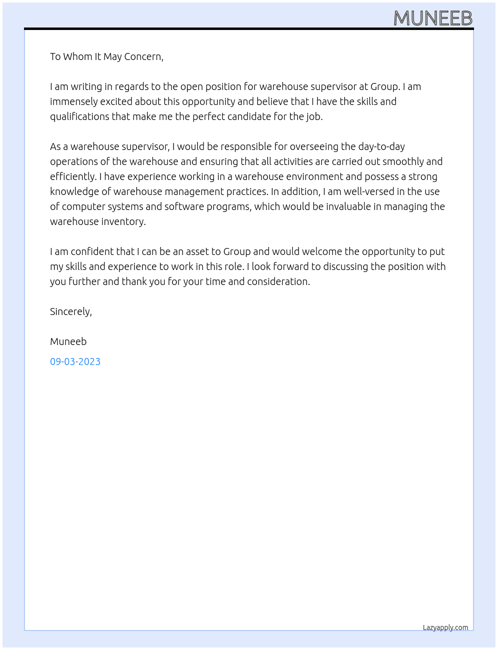 warehouse supervisor At group Cover Letter