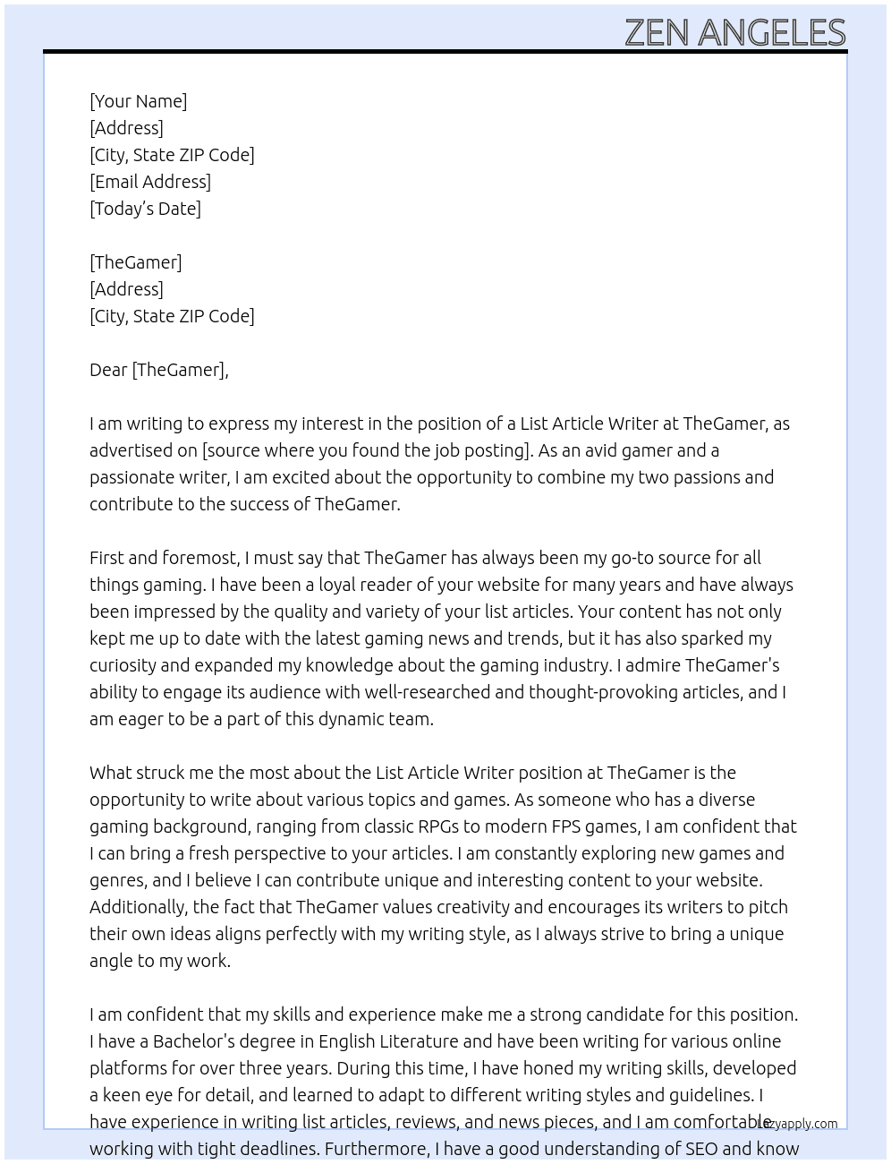 List Article Writer At TheGamer Cover Letter
