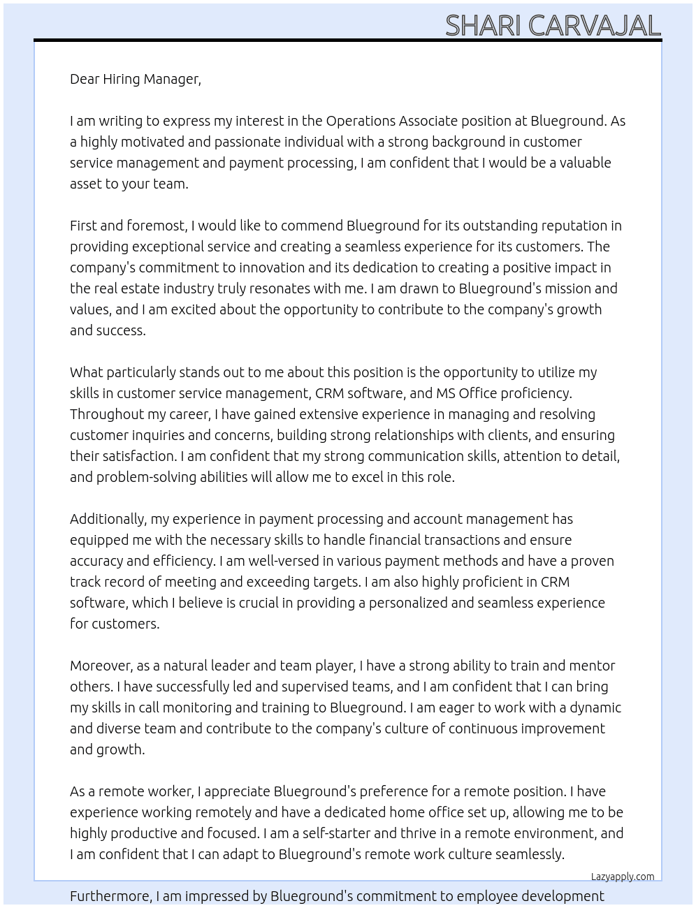 Operations Associate At Blueground  Cover Letter