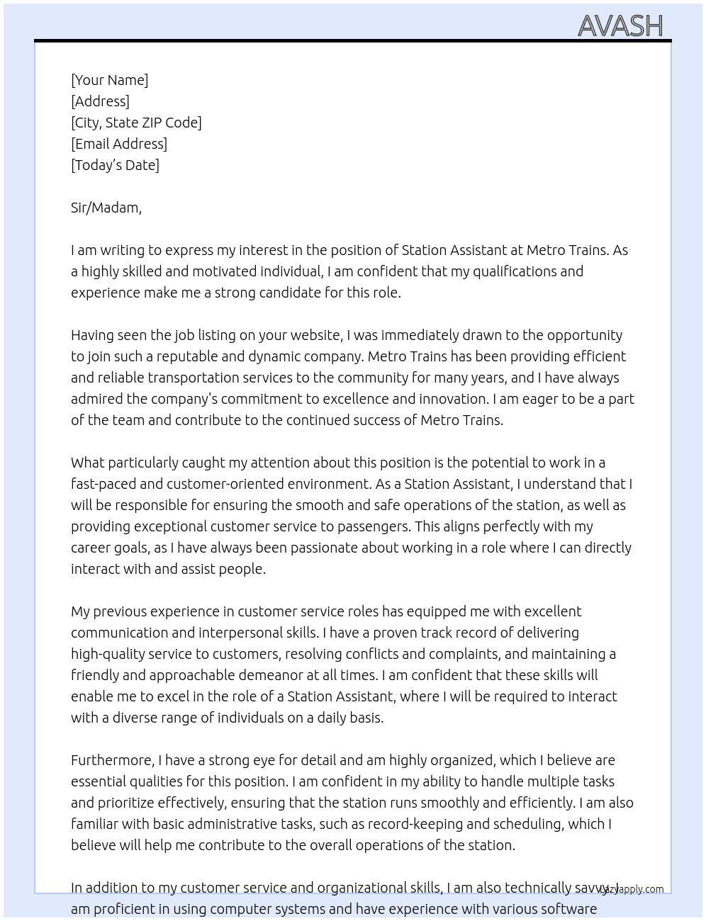 Station assistant  At Metro trains Cover Letter