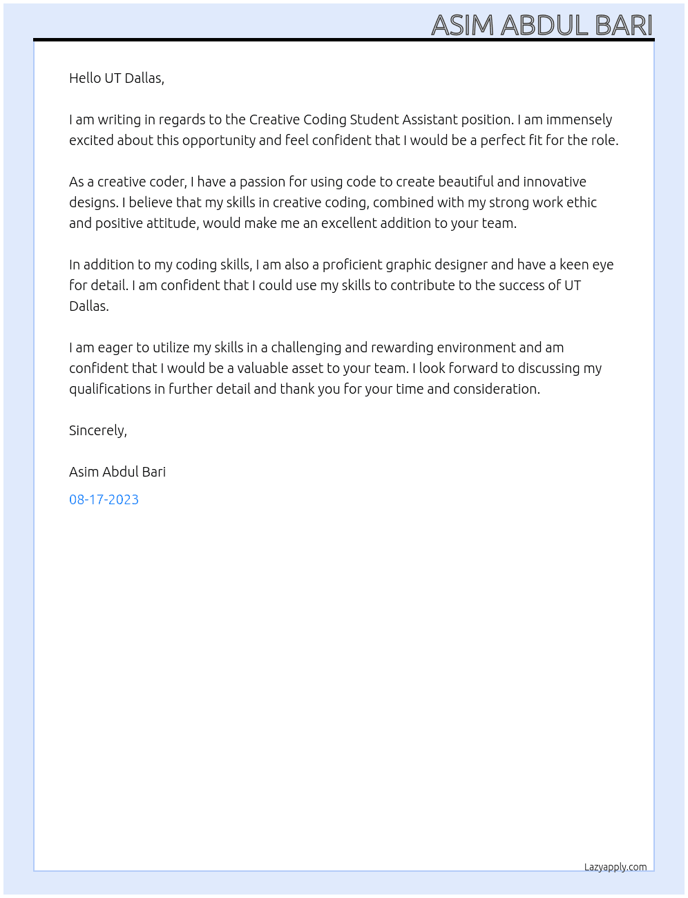 Creative Coding Student Assistant At UT Dallas Cover Letter