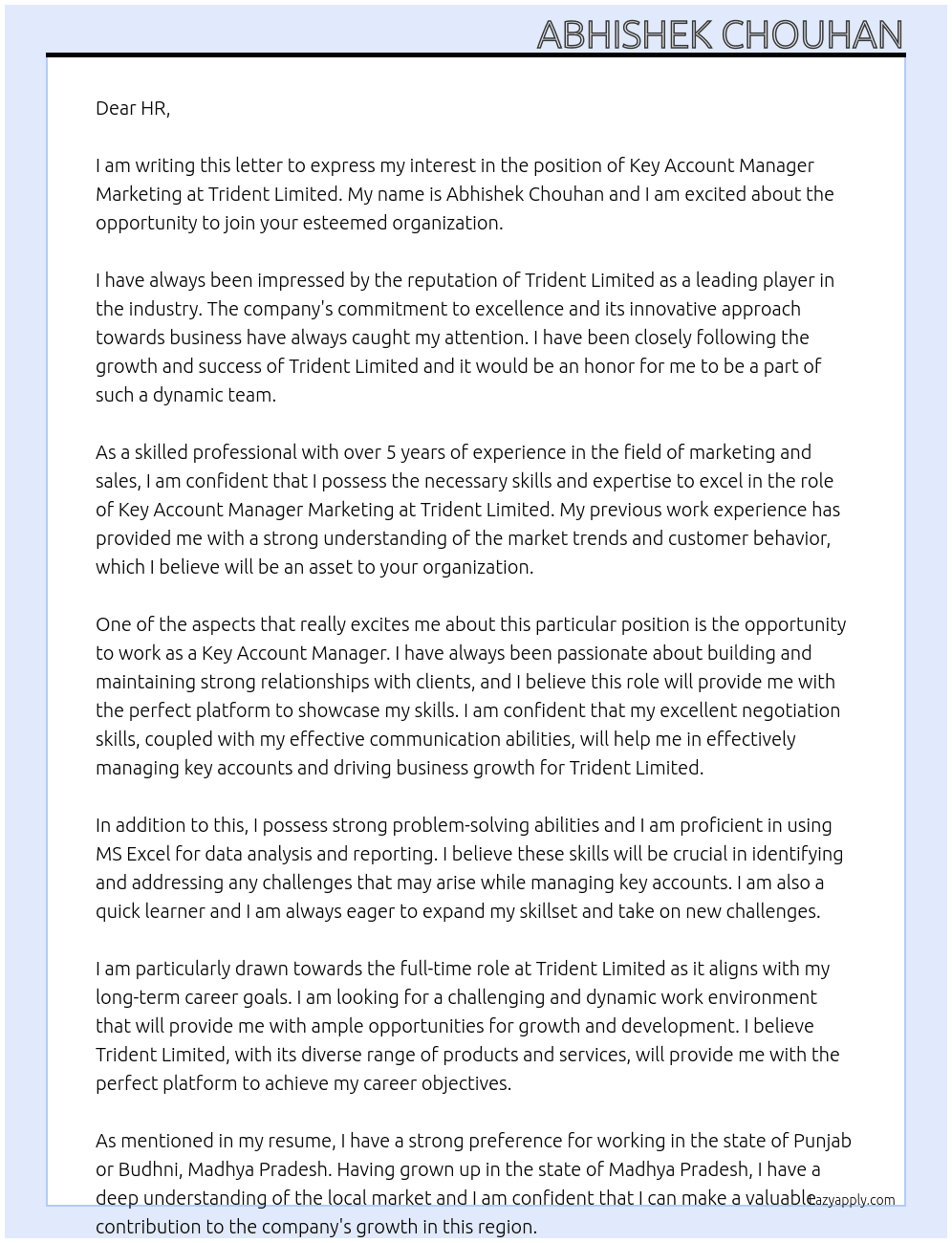 Key account manger marketing  At Trident limited  Cover Letter