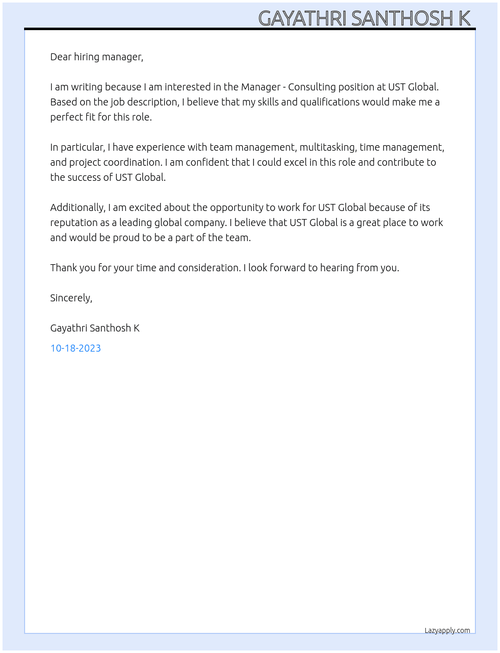 Manager -Consulting At UST Global Cover Letter