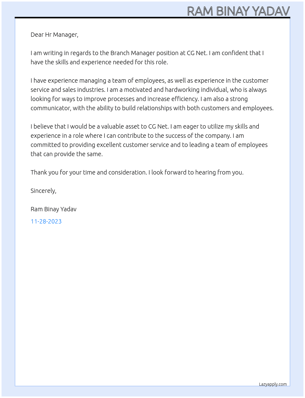 Branch Manager At CG Net Cover Letter
