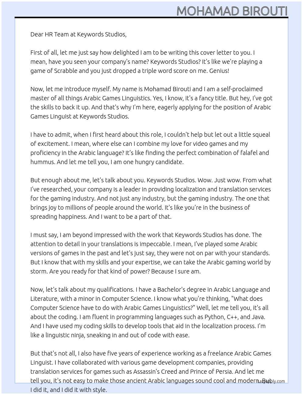 Arabic Games Linguist At Keywords Studios Cover Letter