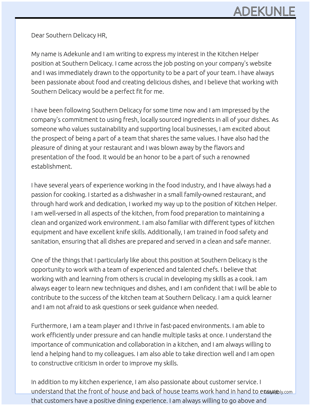 Kitchen Helper At southern delicacy Cover Letter