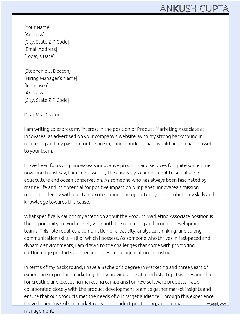 Product marketing associate  At Innovasea Cover Letter