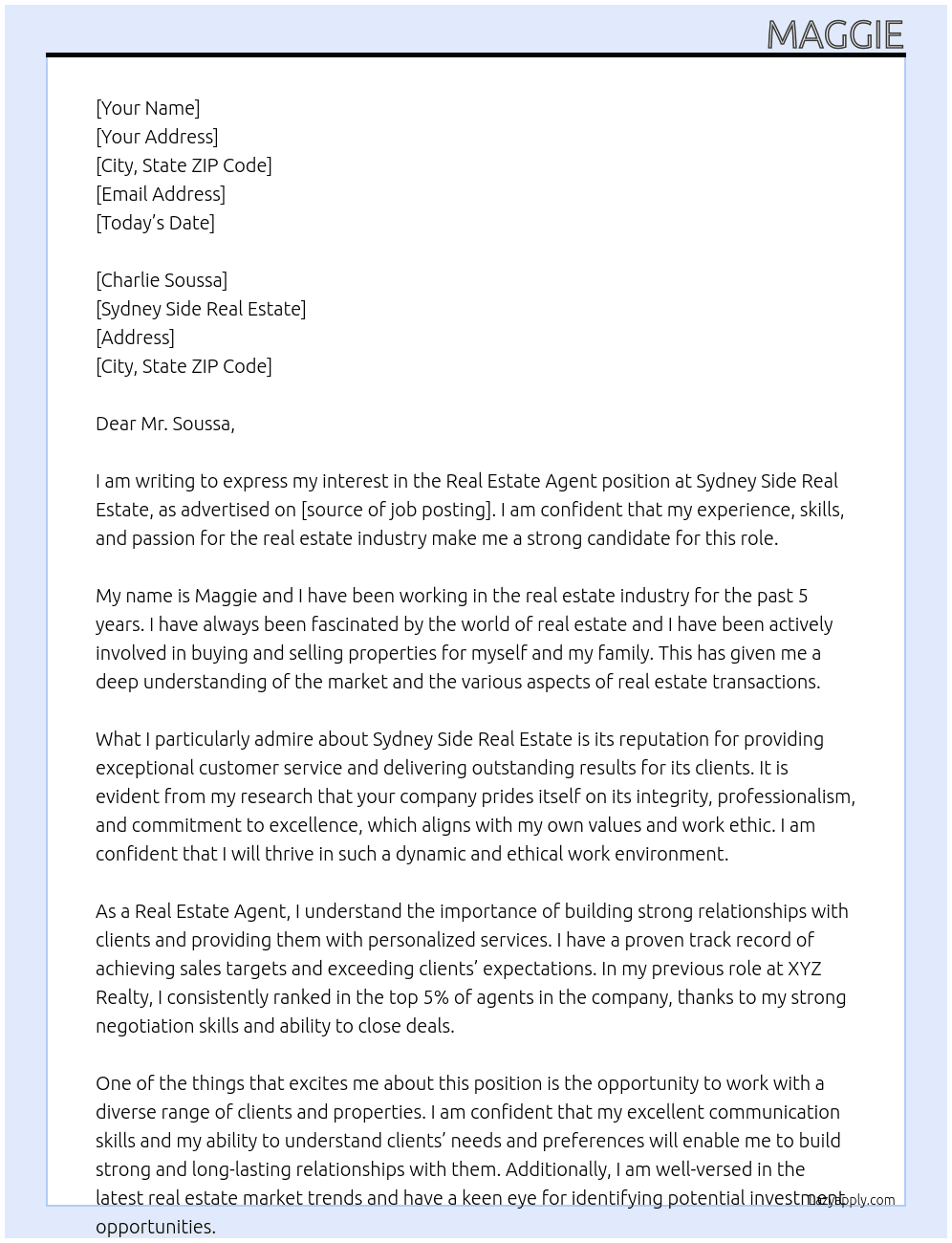Real Estate Agent  At Sydney Side Real Esrare  Cover Letter