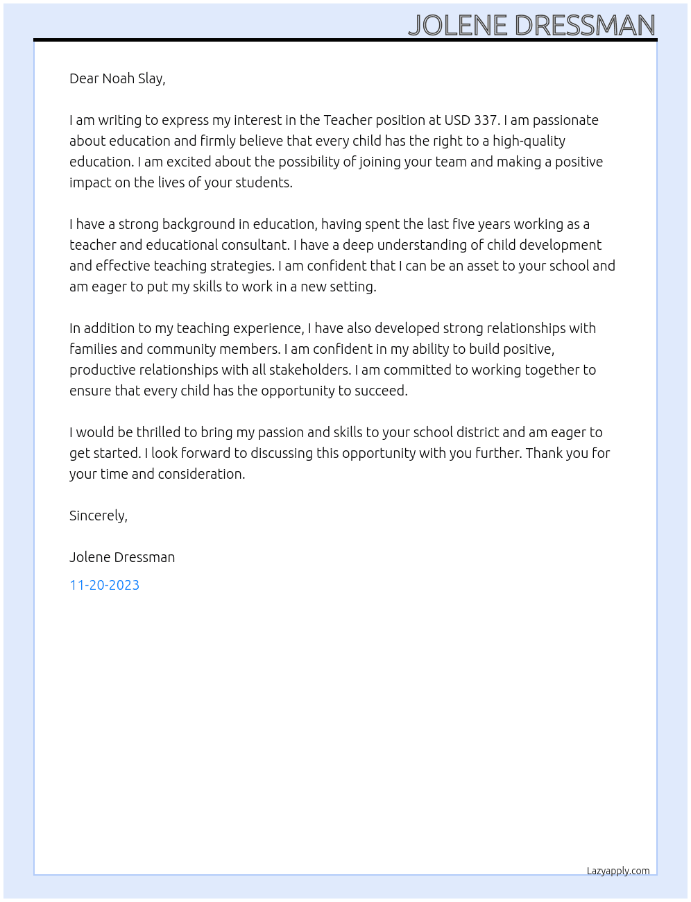 Teacher At USD 337 Cover Letter