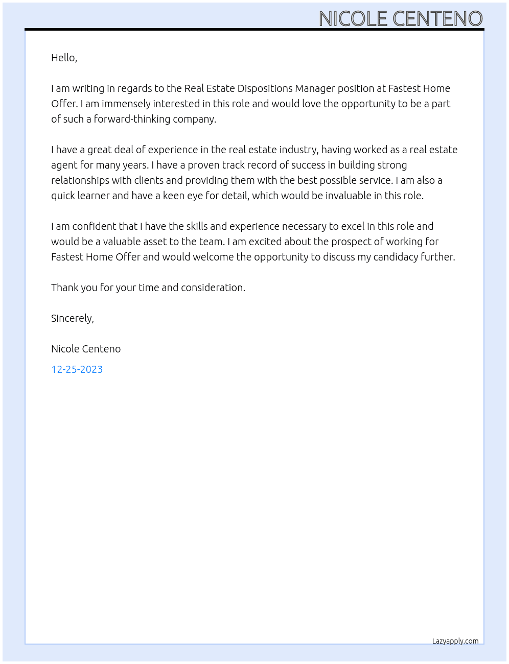 Real Estate Dispositions Manager At Fastest Home Offer Cover Letter