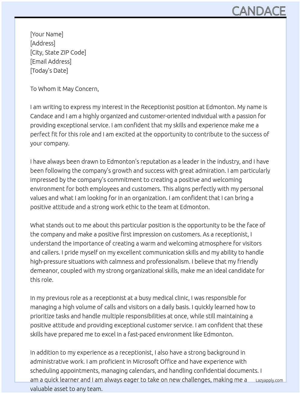 Receptionist At Edmonton  Cover Letter