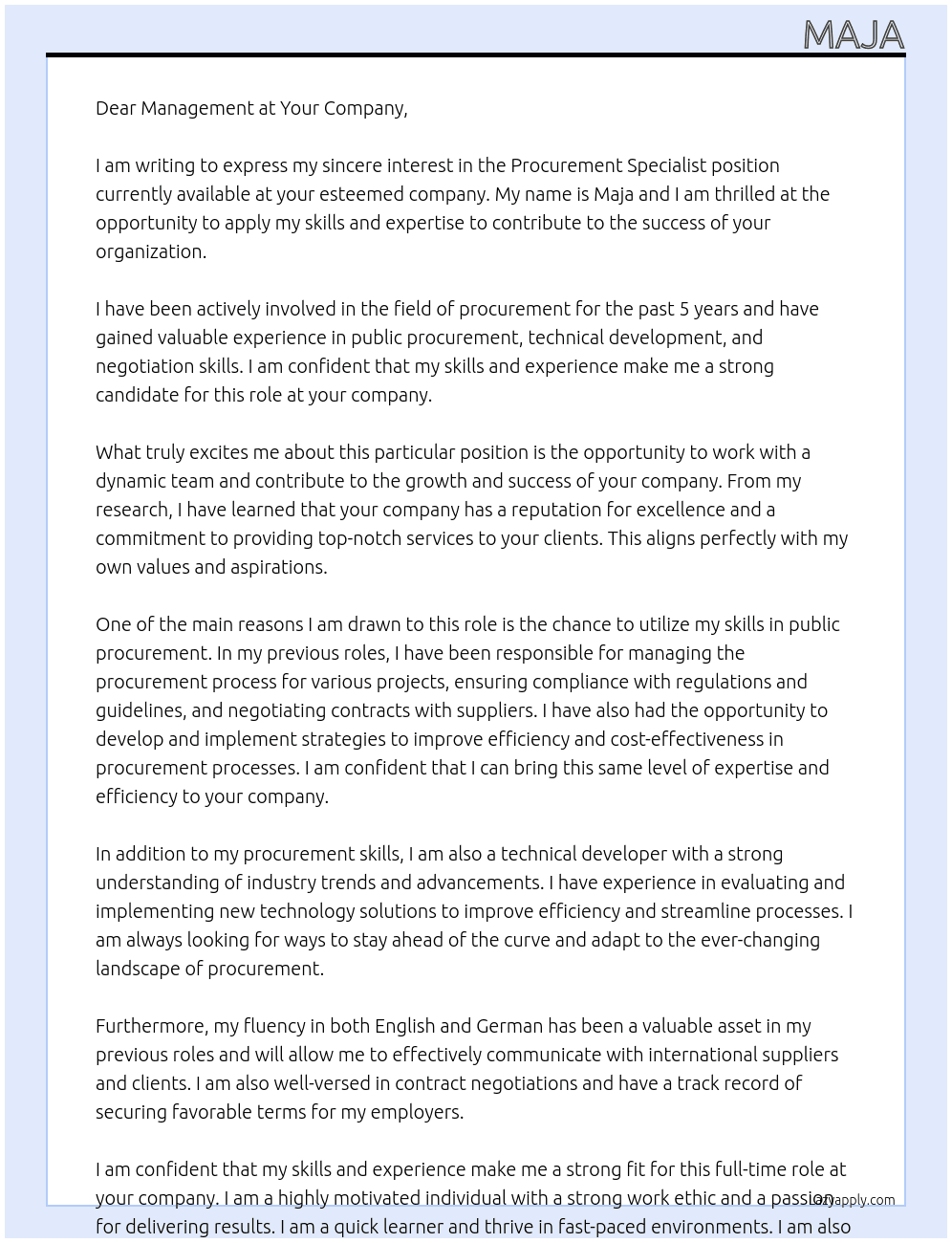 Procurement specialist At Your company Cover Letter