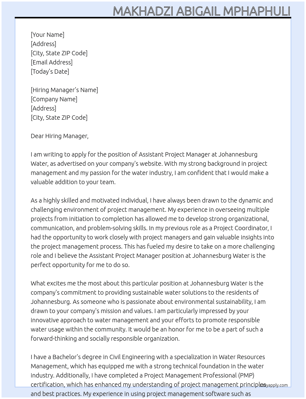 Assistant Project manager  At Johannesburg Water Cover Letter