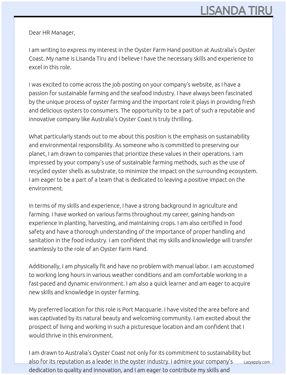 Oyster Farm Hand At Australia's Oyster Coast Cover Letter