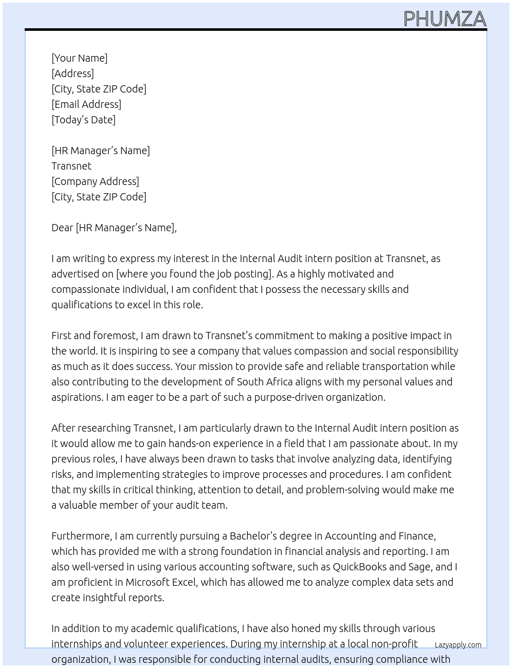 Cover letter for internal audit intern - LazyApply