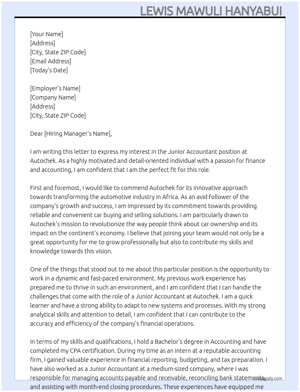 Junior Accountant  At Autochek Cover Letter
