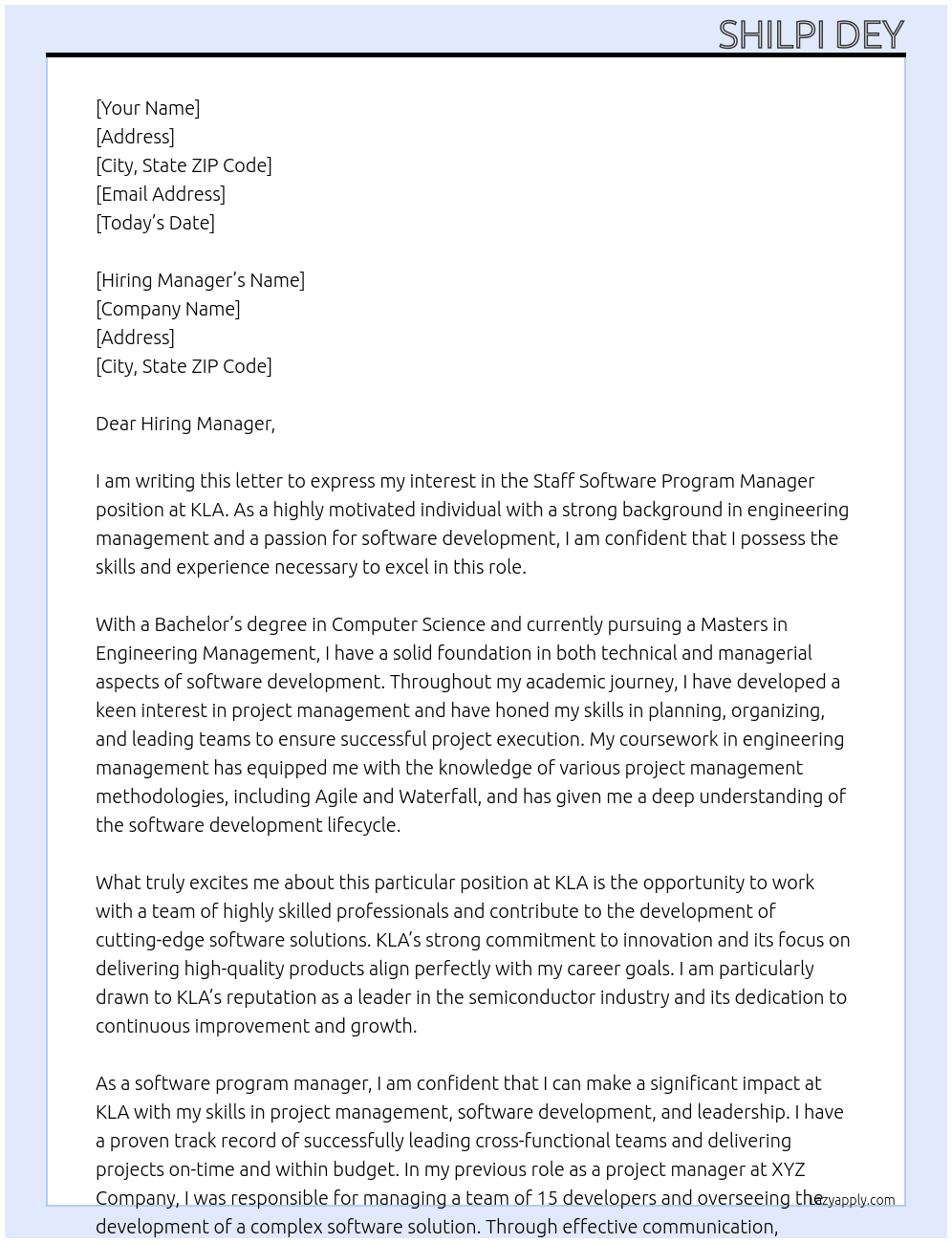 Staff Software Program Manager At KLA Cover Letter