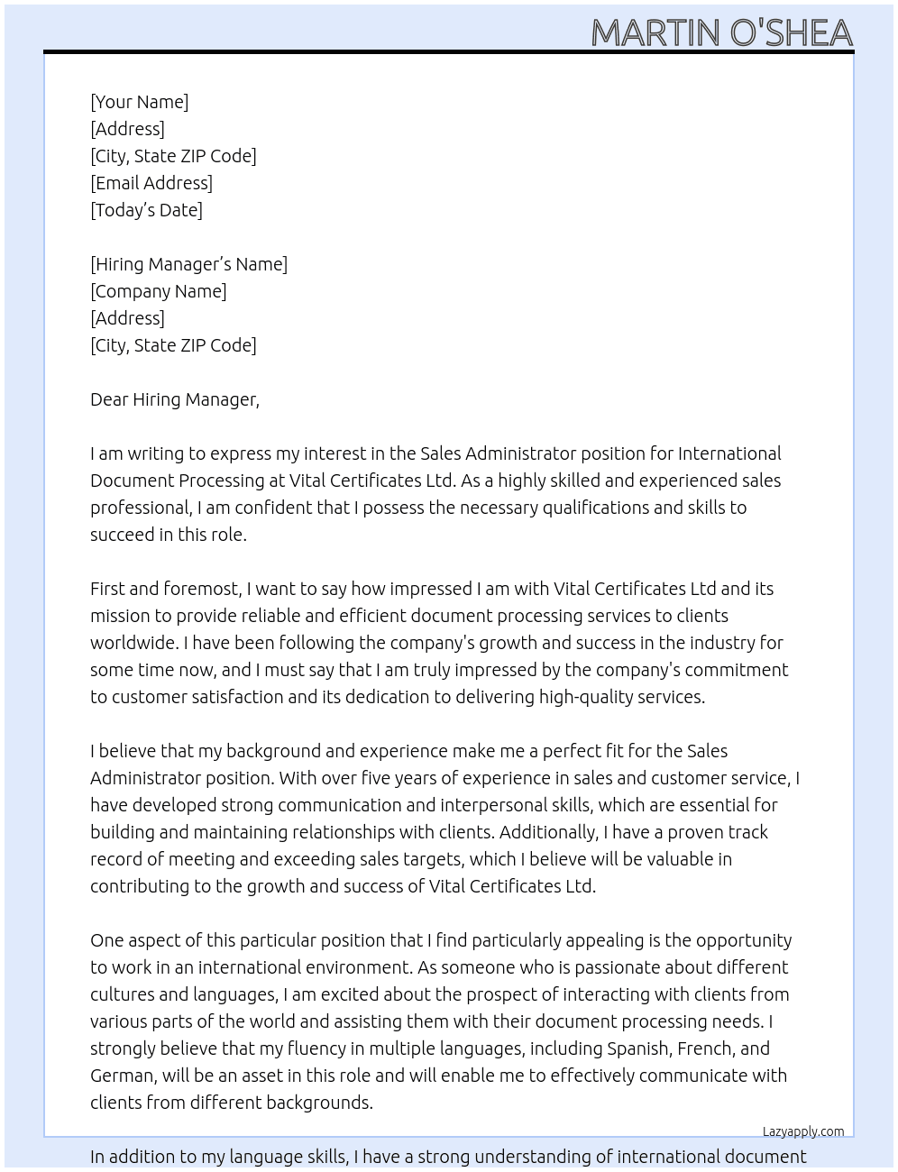 Sales Administrator - International Document Processing At Vital Certificates Ltd Cover Letter