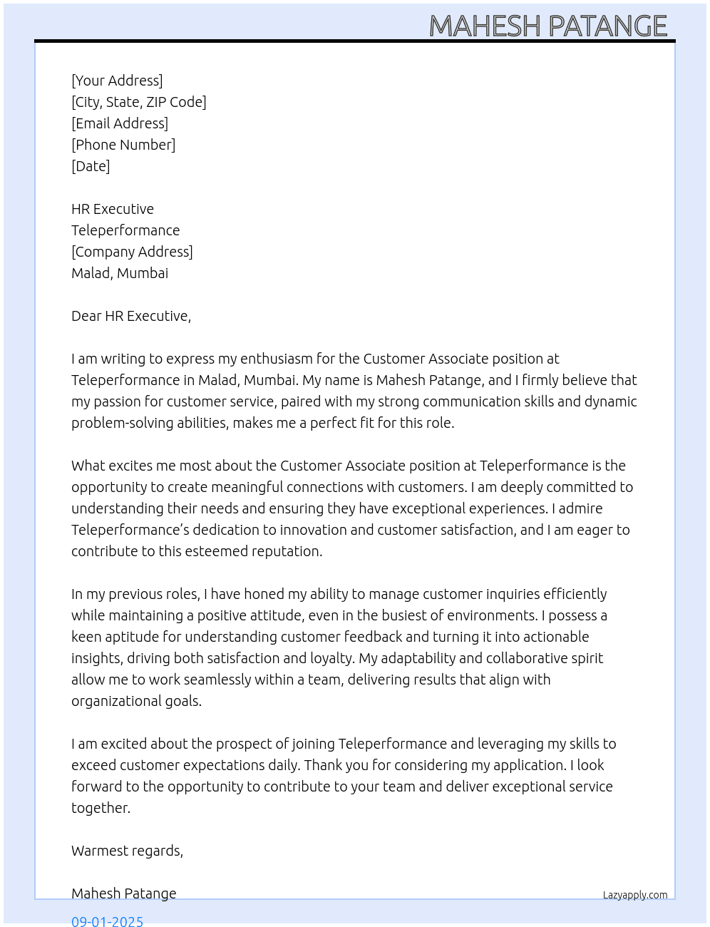 Customer Associate  At Teleperformance Cover Letter