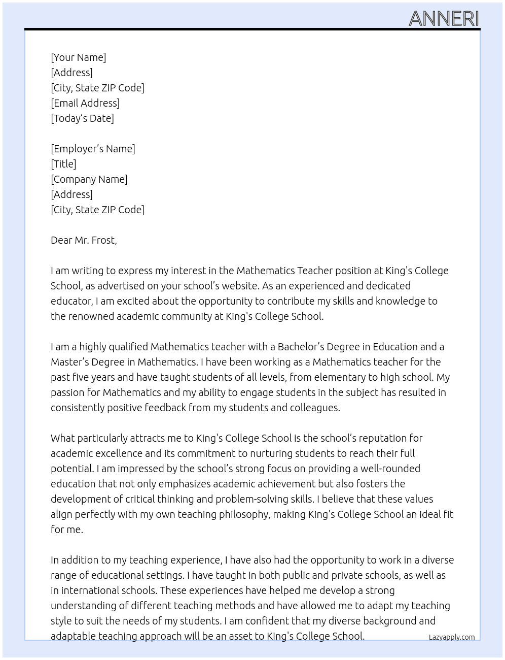 Mathematics Teacher At King's College School Cover Letter