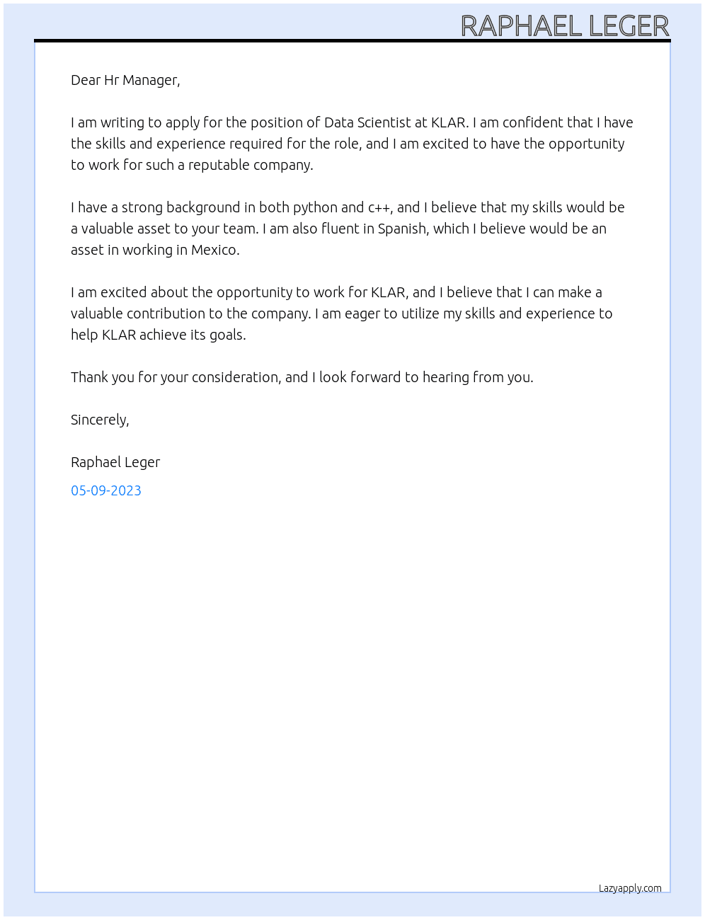 Data Scientist At KLAR Cover Letter