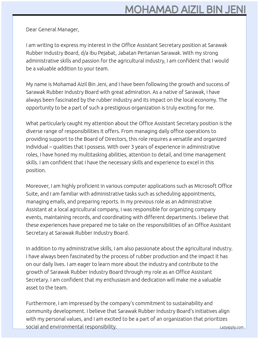 OFFICE ASSISTANT SECRETARY At Sarawak Rubber Industry Board Cover Letter