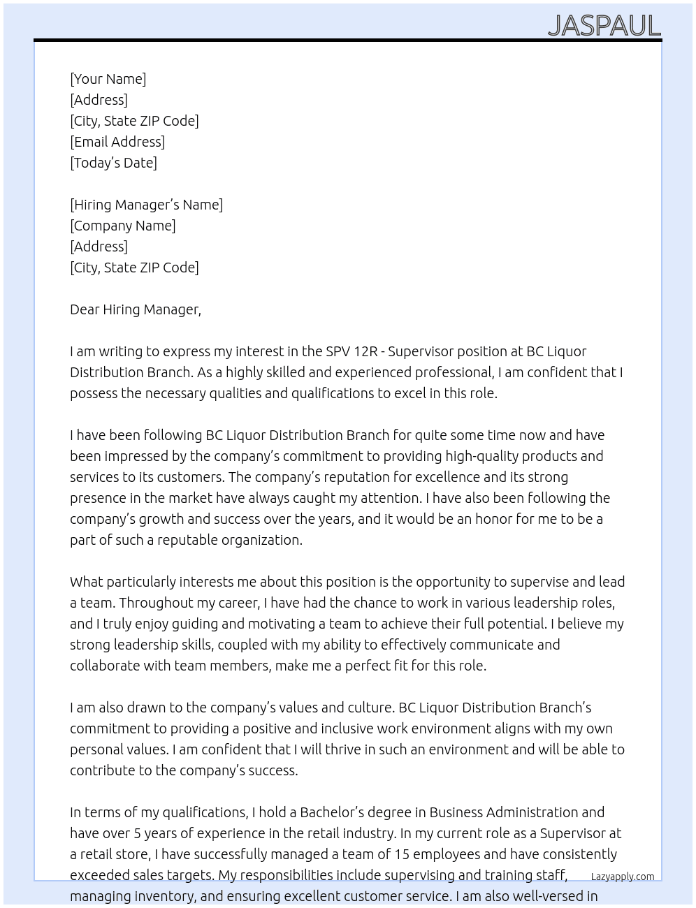 SPV 12R - Supervisor At BC Liquor Distribution Branch Cover Letter