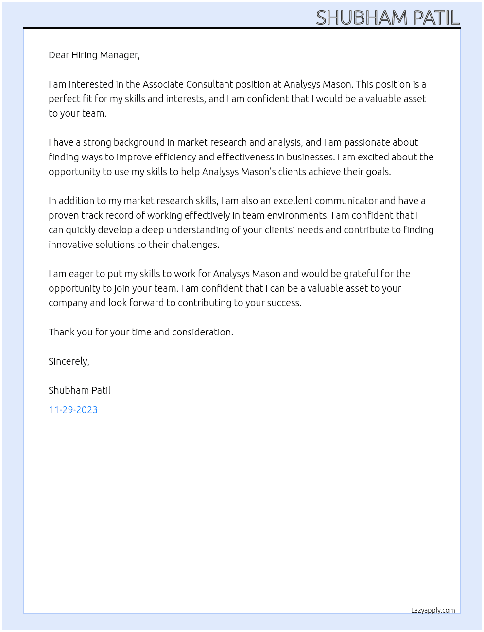 Associate Consultant At Analysys Mason Cover Letter