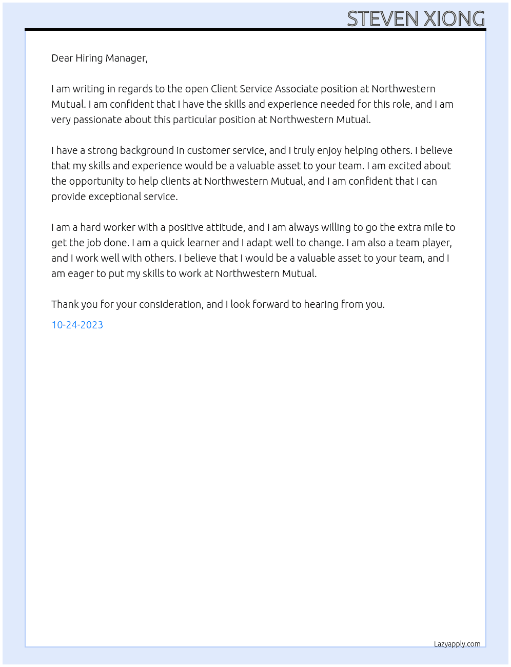 Client Service Associate  At Northwester Mutual Cover Letter