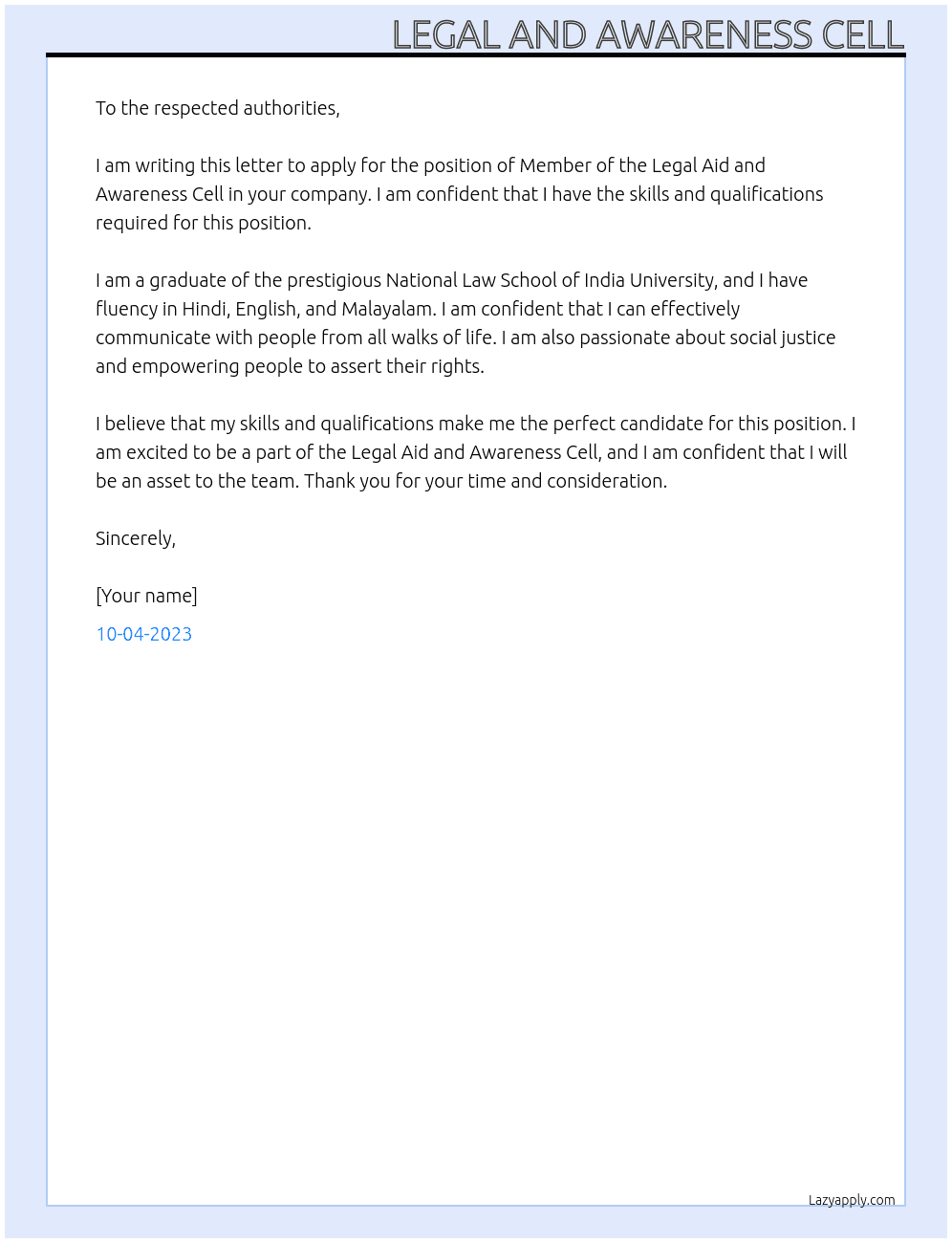 Member of legal aid and awareness cell At Incharge  Cover Letter