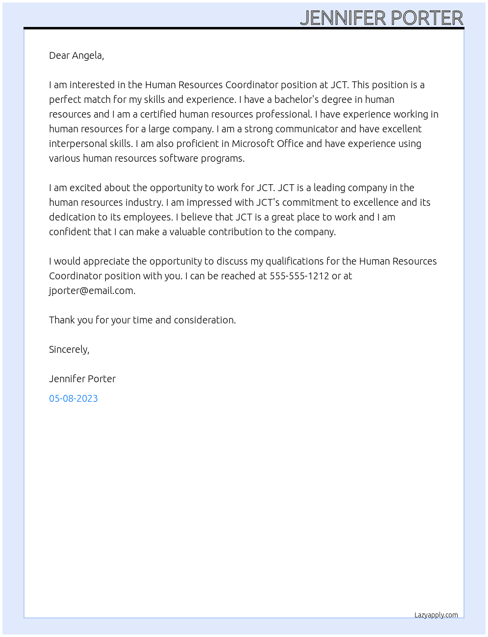 Human Resources Coordinator At JCT Cover Letter
