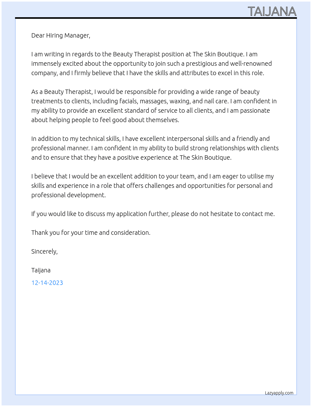 Beauty Therapist At The Skin Boutique Cover Letter