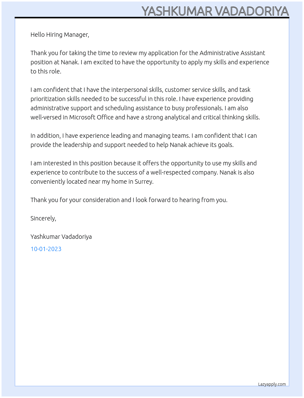 Administrative Assistant At Nanak Cover Letter