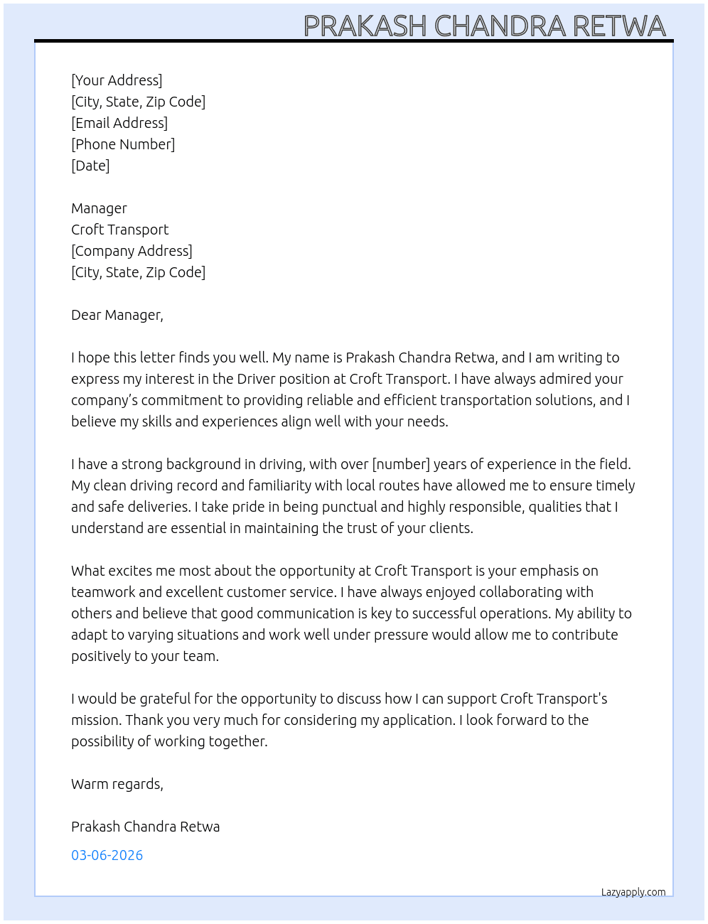 Driver  At Croft transport  Cover Letter