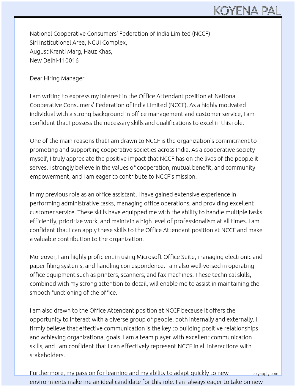 Office Attendant At National Cooperative Consumers'​ Federation Of India Limited (NCCF) Cover Letter