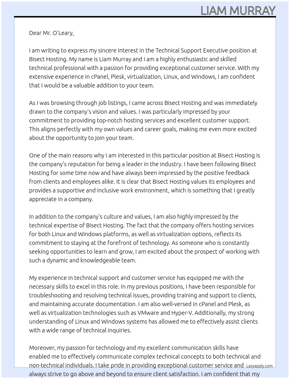 Technical Support Executive At Bisect Hosting Cover Letter