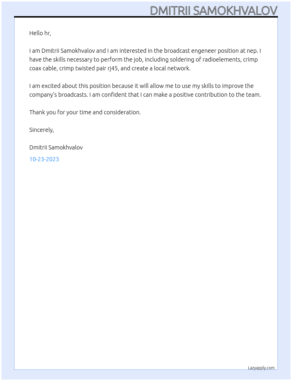 Broadcast engeneer At nep Cover Letter