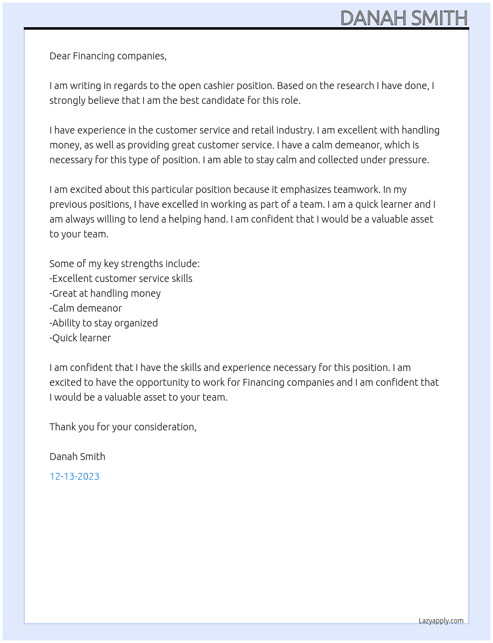 Cashier At Financing companies  Cover Letter