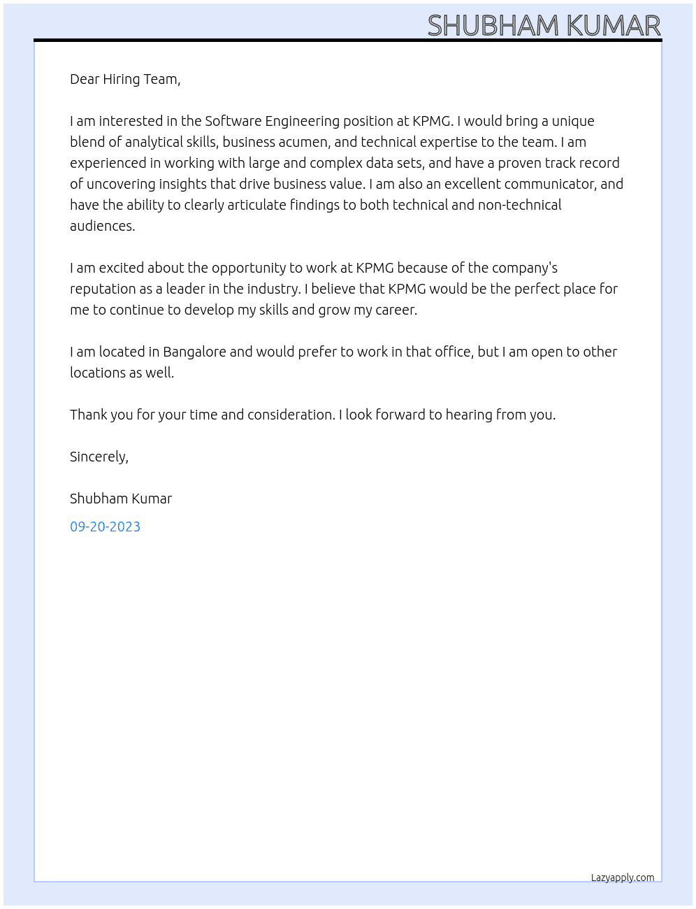Software Engineering At KPMG  Cover Letter