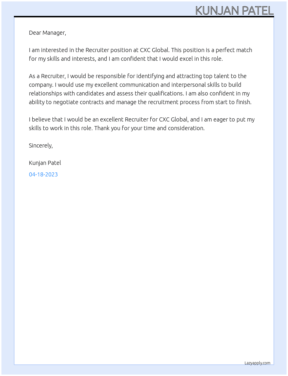 Recruiter  At CXC Global Cover Letter