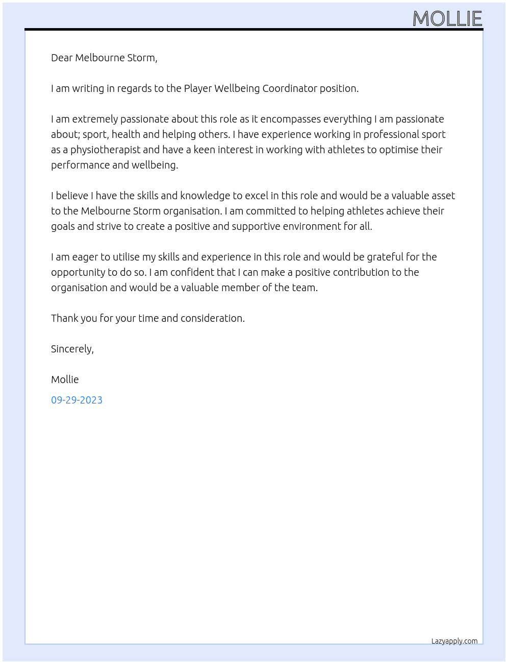 Player Wellbeing Coordinator  At Melbourne Storm Cover Letter