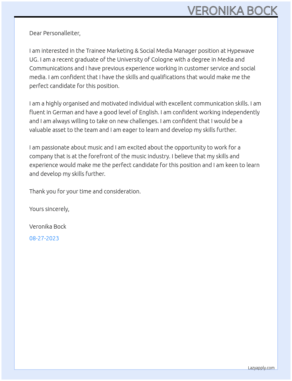 Trainee Marketing & Social Media Manager At Hypewave UG Cover Letter