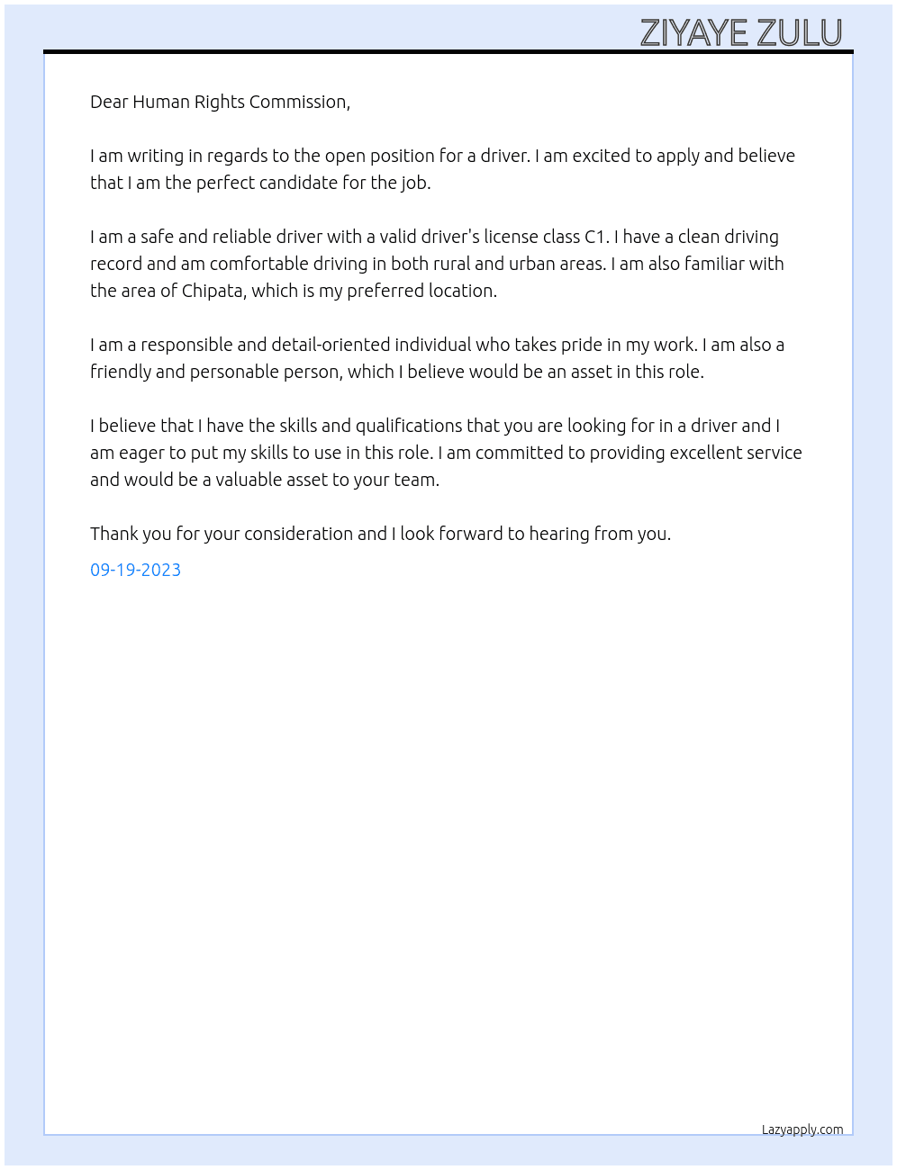 Driver  At Human Rights Commission  Cover Letter