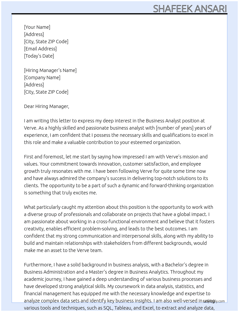 business analyst At verve Cover Letter