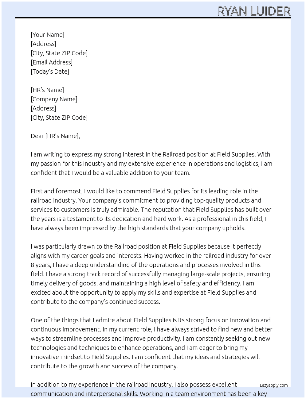 railroad At Field supplies Cover Letter
