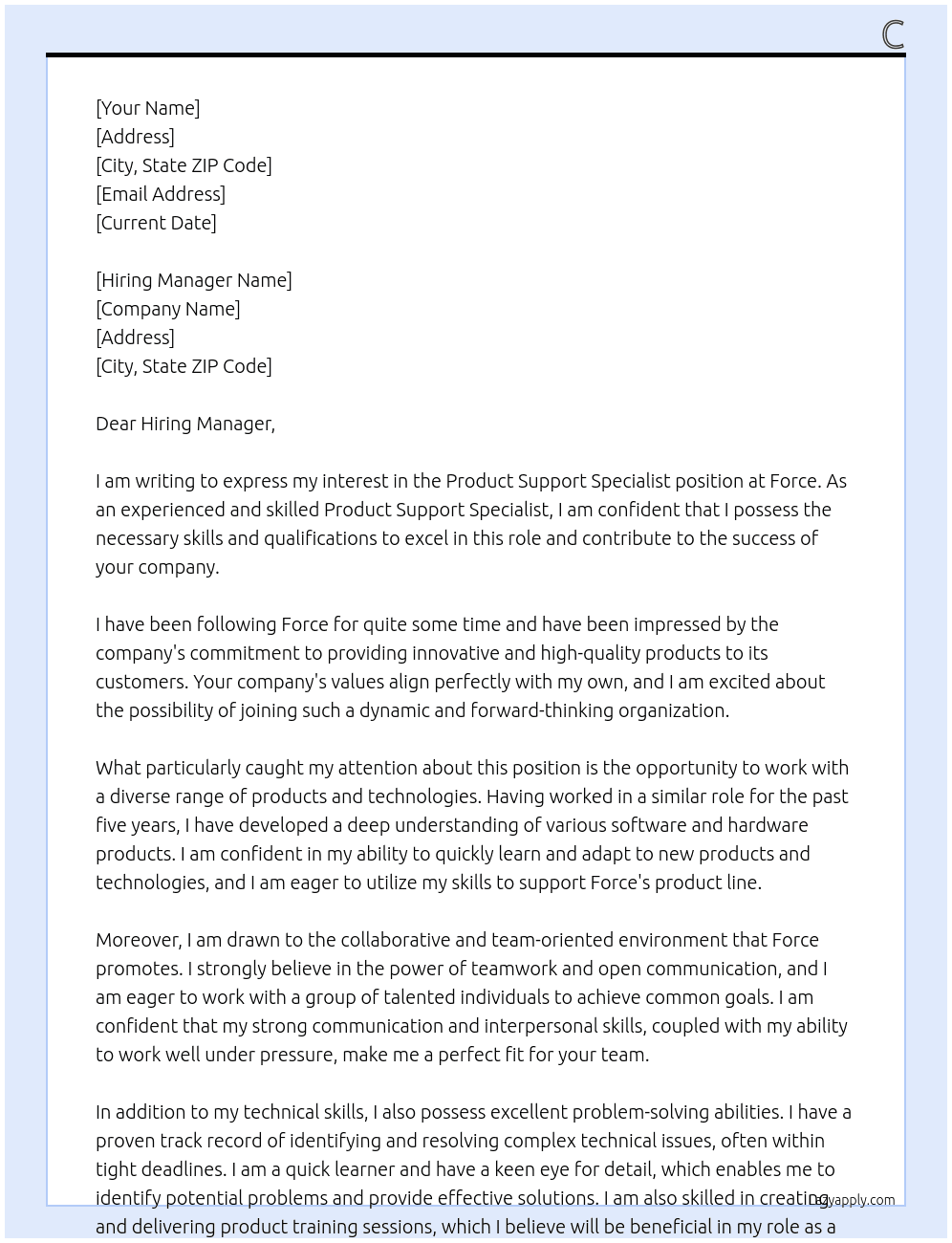 Product Support Specialist At Force Cover Letter