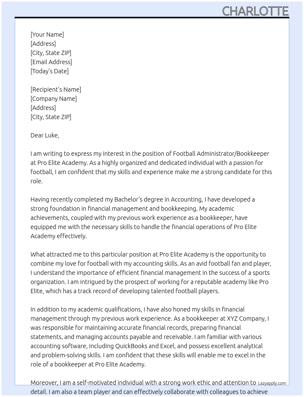 football administrator / bookeeper At Pro Elite Academy Cover Letter