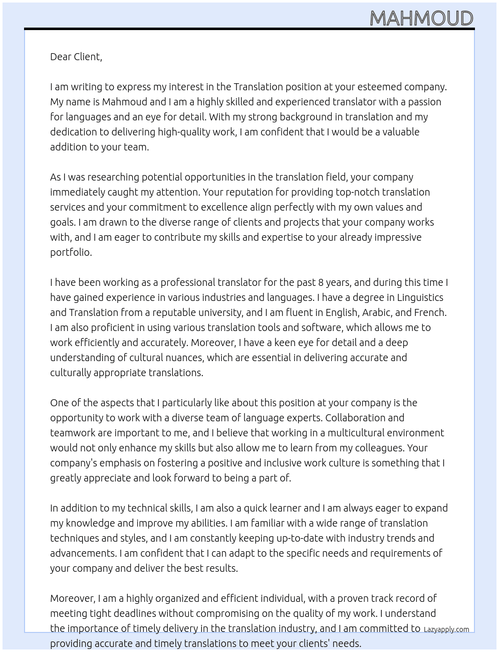 translation At your company Cover Letter