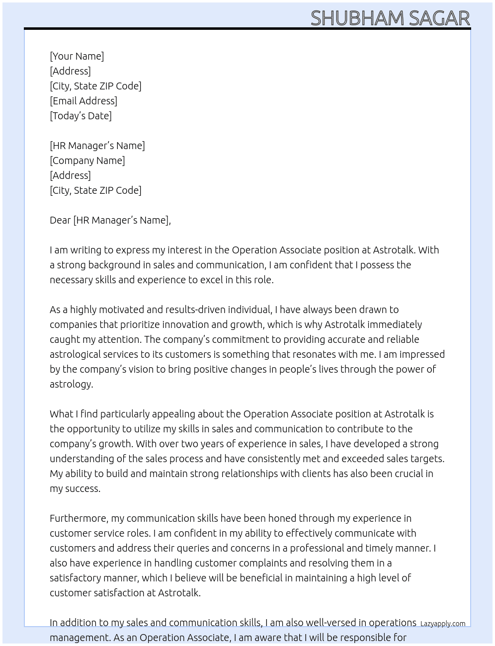 Operation associate  At Astrotalk  Cover Letter